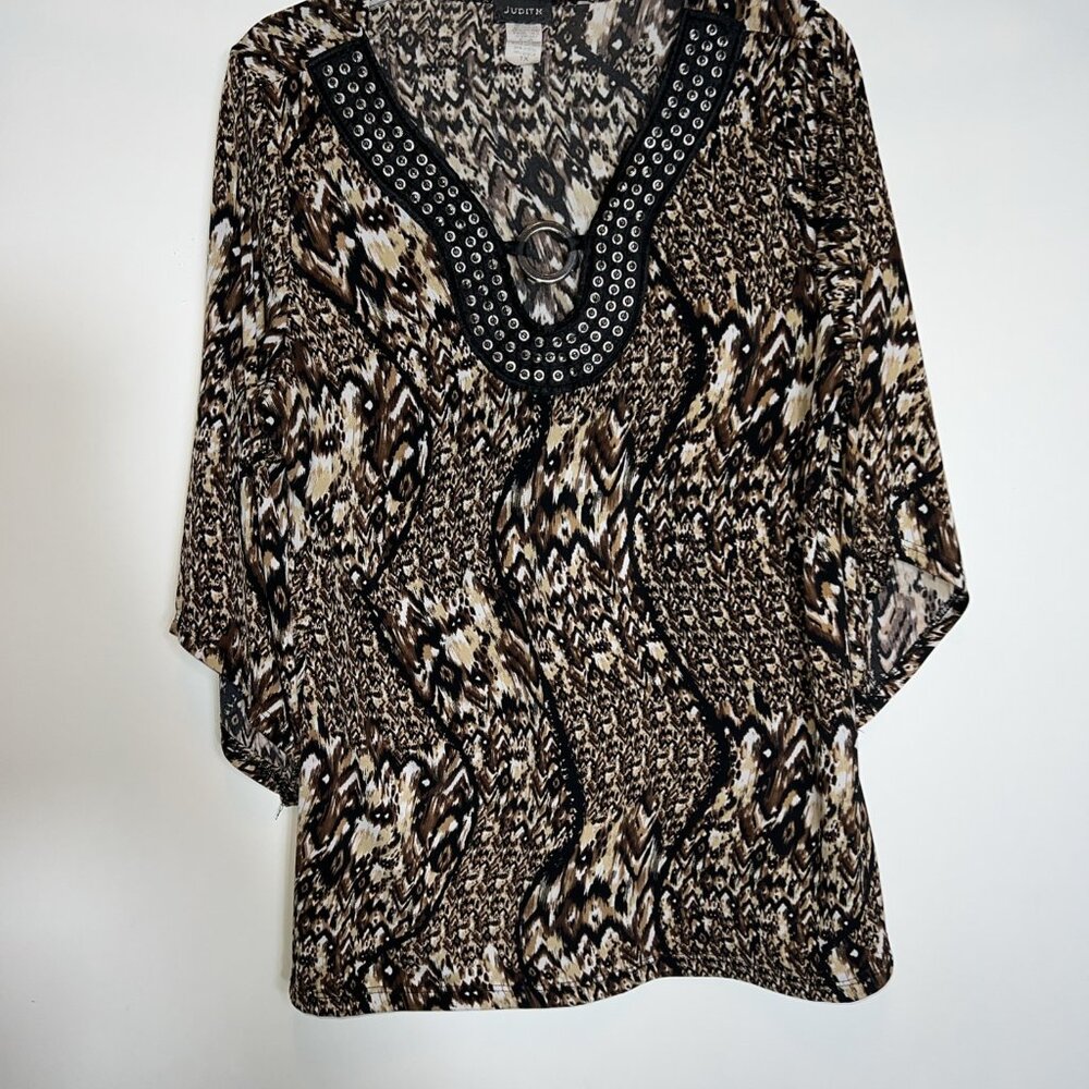 Judith three-quarter sleeve women’s blouse metal‎ decor tan women's size 1X